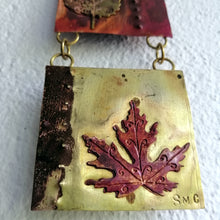 Load image into Gallery viewer, Mini metalwork panel with leaf decorations in copper &amp; brass handmade by Sharon McSwiney

