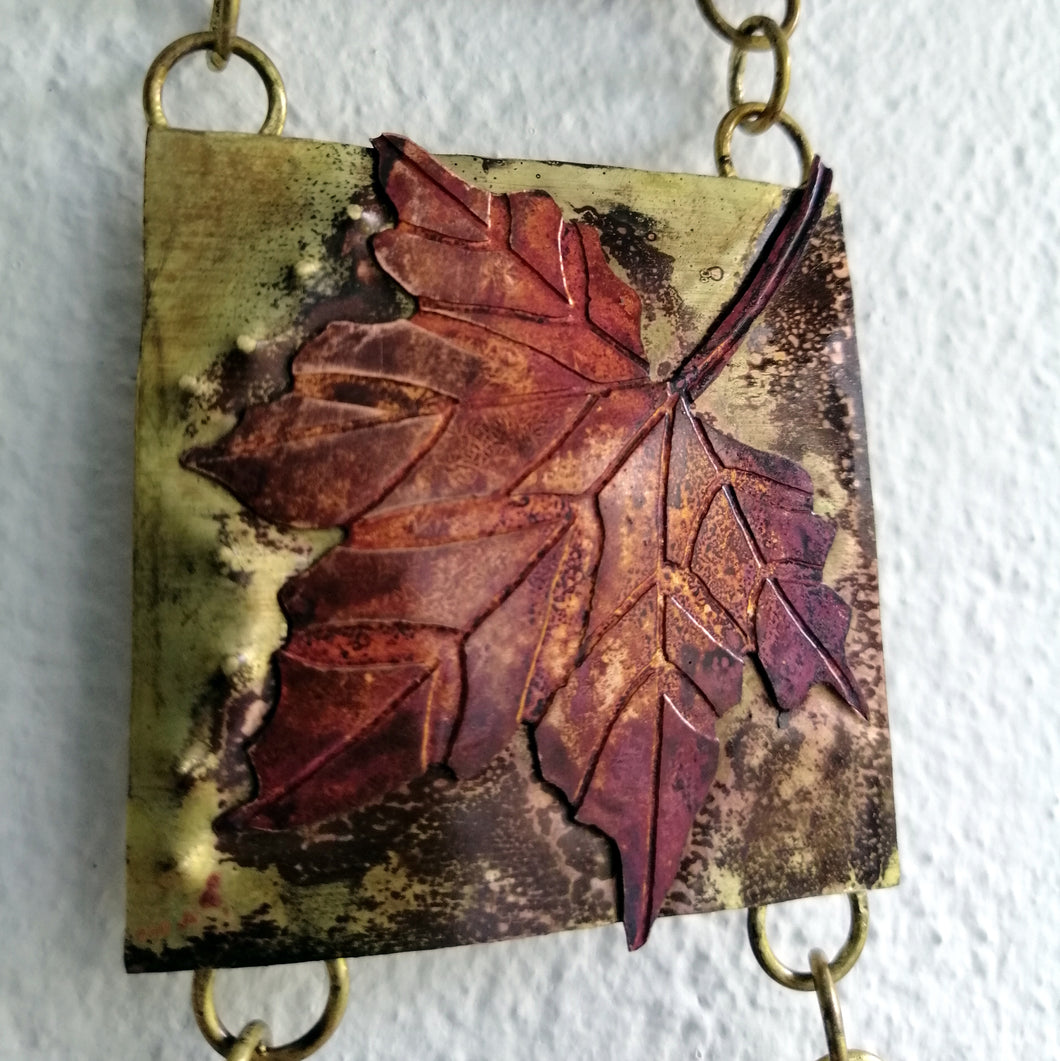 Mini panel with leaf decorations in copper & brass handmade by Sharon McSwiney