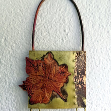 Load image into Gallery viewer, Mini metalwork panel with leaf decorations in copper &amp; brass handmade by Sharon McSwiney

