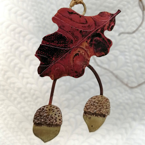 Oak leaf and Acorns decoration in copper and brass Handmade by Sharon McSwiney 