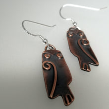 Load image into Gallery viewer, owl earrings with drop fitting handmade by Sharon McSwiney
