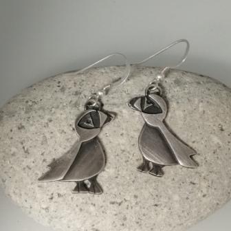 Oxidised silver puffin earrings