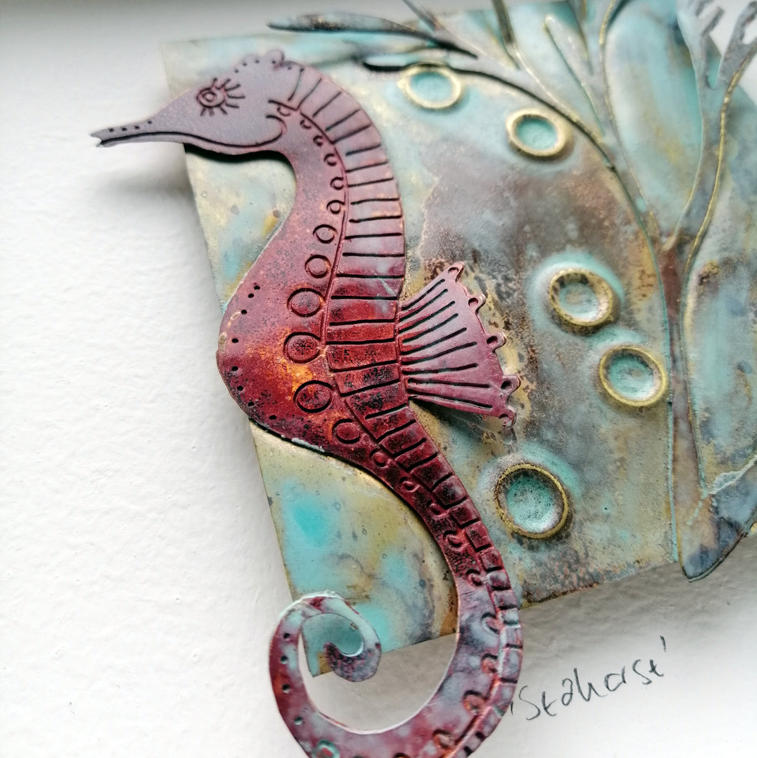 copper seahorse with seaweed metalwork picture handmade by Sharon McSwiney