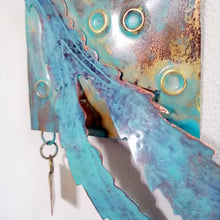 Load image into Gallery viewer, Metalwork long wall panel in copper &amp; brass featuring starfish with seaweed handmade by Sharon McSwiney

