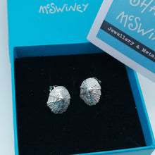 Load image into Gallery viewer, Small Marazion silver limpet shell stud earrings handmade by Sharon McSwiney in a gift box
