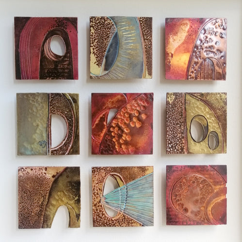 Textured metalwork squares individually handmade by Sharon McSwiney