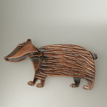 Load image into Gallery viewer, badger brooch in a copper finish handmade by Sharon McSwiney 
